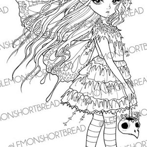 May include: A black and white line drawing of a fairy with butterfly wings, flowers in her hair, and a skull in her hand. The fairy is wearing a dress with ruffles and striped stockings.