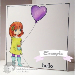 May include: A girl with red hair and a yellow dress holds a purple heart-shaped balloon. The card says "Example" and "hello".