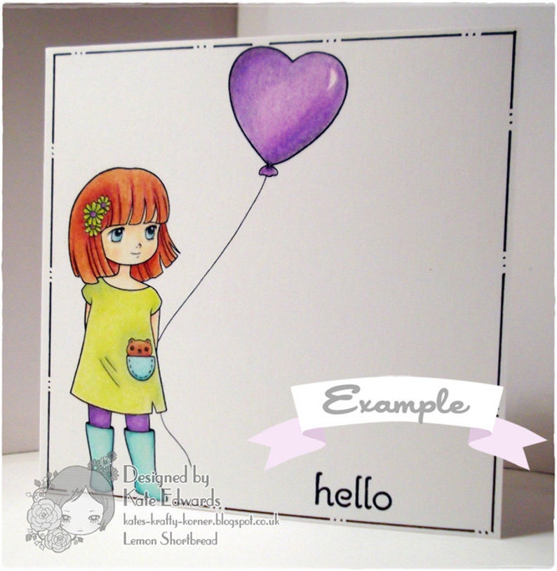 May include: A girl with red hair and a yellow dress holds a purple heart-shaped balloon. The card says "Example" and "hello".