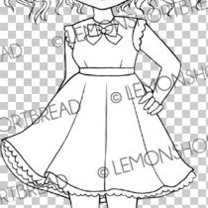May include: A black and white line drawing of a girl with curly hair wearing a dress and a bow. She is standing with her hands on her hips.