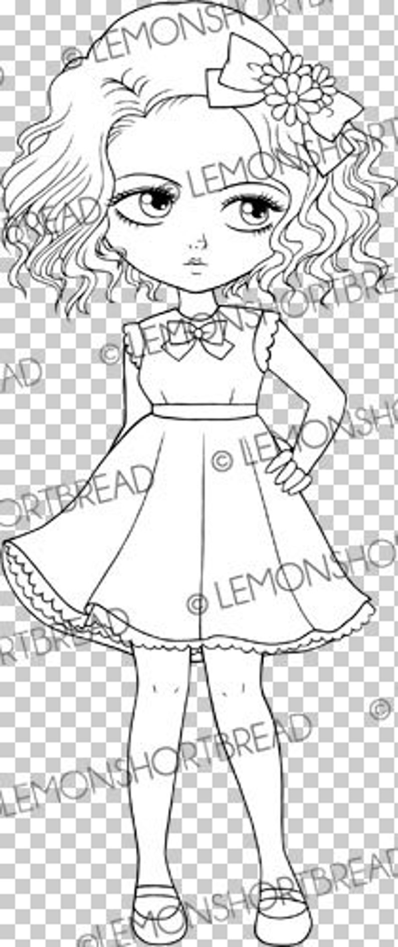 May include: A black and white line drawing of a girl with curly hair wearing a dress and a bow. She is standing with her hands on her hips.