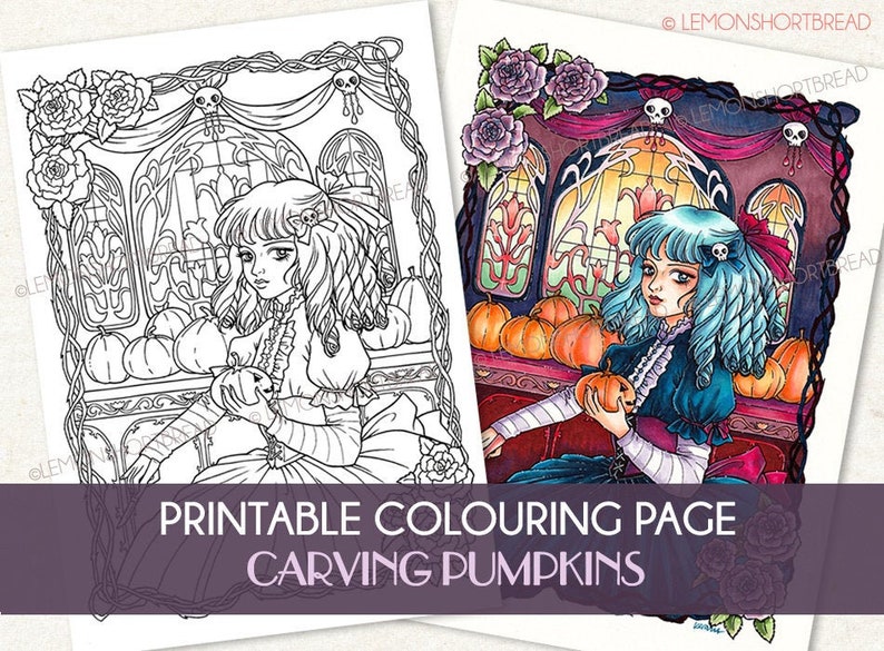 Printable Digital Colouring Page Carving Pumpkins Girl image 0