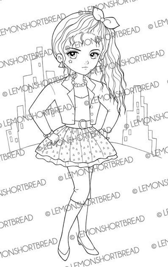 Digital Stamp 80s Fashion City Girl, Digi Adult Coloring Page, Anime 1980s Retro Style, Printable Download