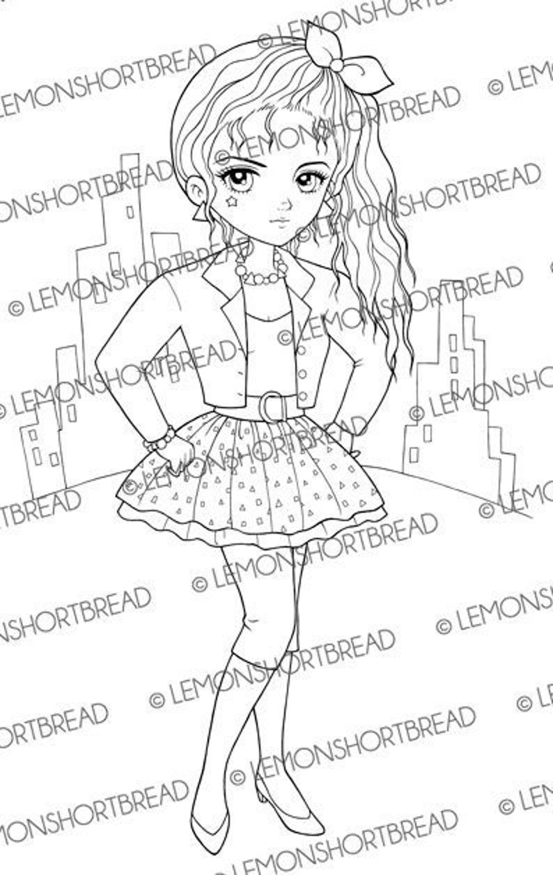 Digital Stamp 80s Fashion City Girl, Digi Adult Coloring Page, Anime 1980s Retro Style, Printable Download image 1