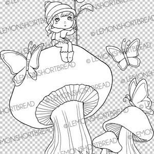 May include: A black and white line drawing of a mushroom with a small fairy sitting on top. The fairy is wearing a hat and holding a plant. There are two butterflies flying around the mushroom.