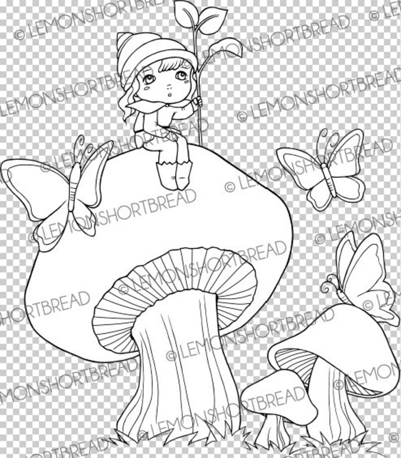 May include: A black and white line drawing of a mushroom with a small fairy sitting on top. The fairy is wearing a hat and holding a plant. There are two butterflies flying around the mushroom.