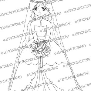 May include: A black and white line drawing of a bride wearing a wedding dress and veil. She is holding a bouquet of flowers.