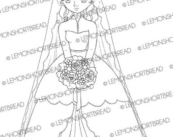 Digital Stamp Shy Bride, Wedding Digi Coloring Page, Bridal Lady, Princess Gown, Anime Art Download