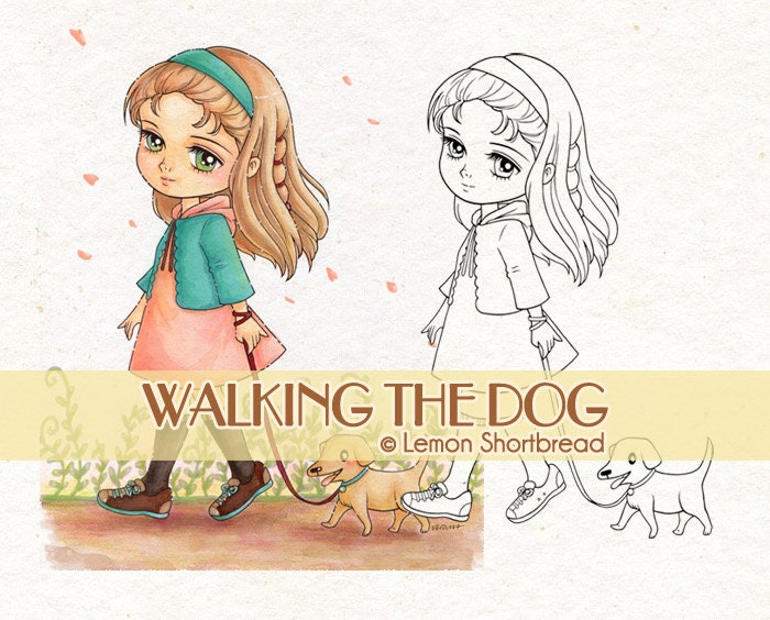 Digital Stamp Girl Walking Dog, Puppy Digi Coloring Page, Pets, Summer Autumn, Children Anime Art, Download