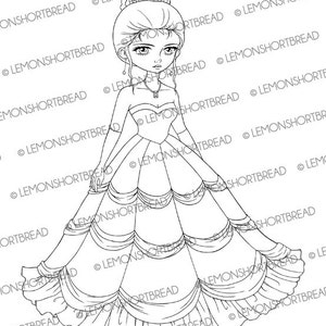 Noiva de vestido de baile noturno com selo digital, página para colorir Digi, Lady Girl Princess, noiva de casamento, arte de anime de contos de fadas, download
