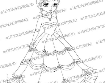 Digital Stamp Evening Ball Gown Bride, Digi Coloring Page, Lady Girl Princess, Wedding Bridal, Fairytales Anime Art, Download