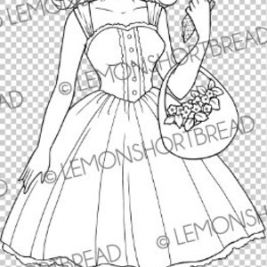 Peut inclure: Un dessin au trait en noir et blanc d'une fille portant une robe et tenant un panier de fleurs.