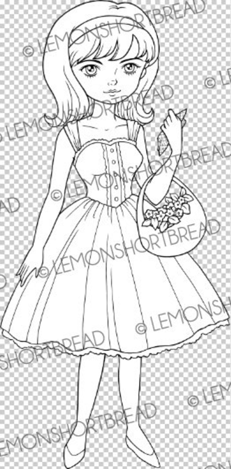 Peut inclure: Un dessin au trait en noir et blanc d'une fille portant une robe et tenant un panier de fleurs.