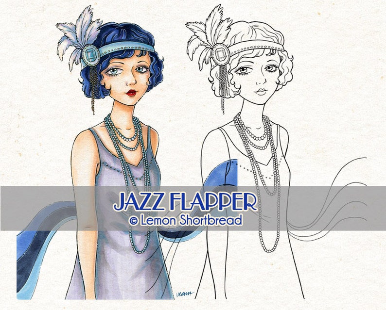 Digital Stamp Jazz Flapper Girl, Digi Art Deco Coloring Page, Vintage Fashion Summer, Clip Art Download image 1