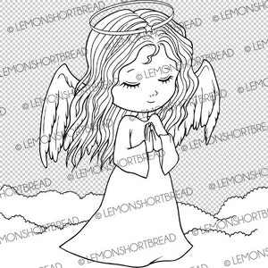May include: A black and white line drawing of an angel with wings, halo, and long hair. The angel is praying with hands clasped together. The angel is standing on a cloud.