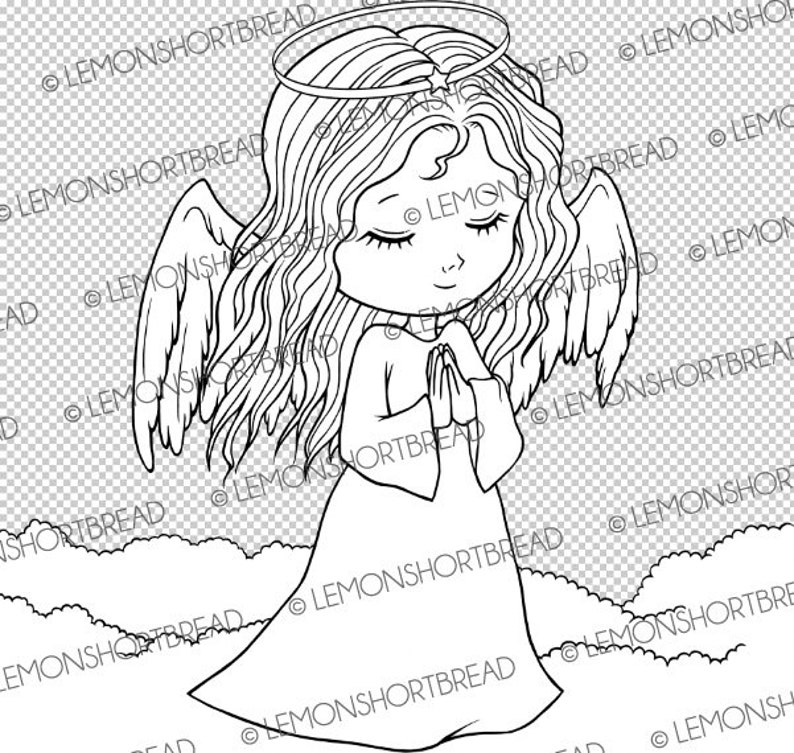 May include: A black and white line drawing of an angel with wings, halo, and long hair. The angel is praying with hands clasped together. The angel is standing on a cloud.