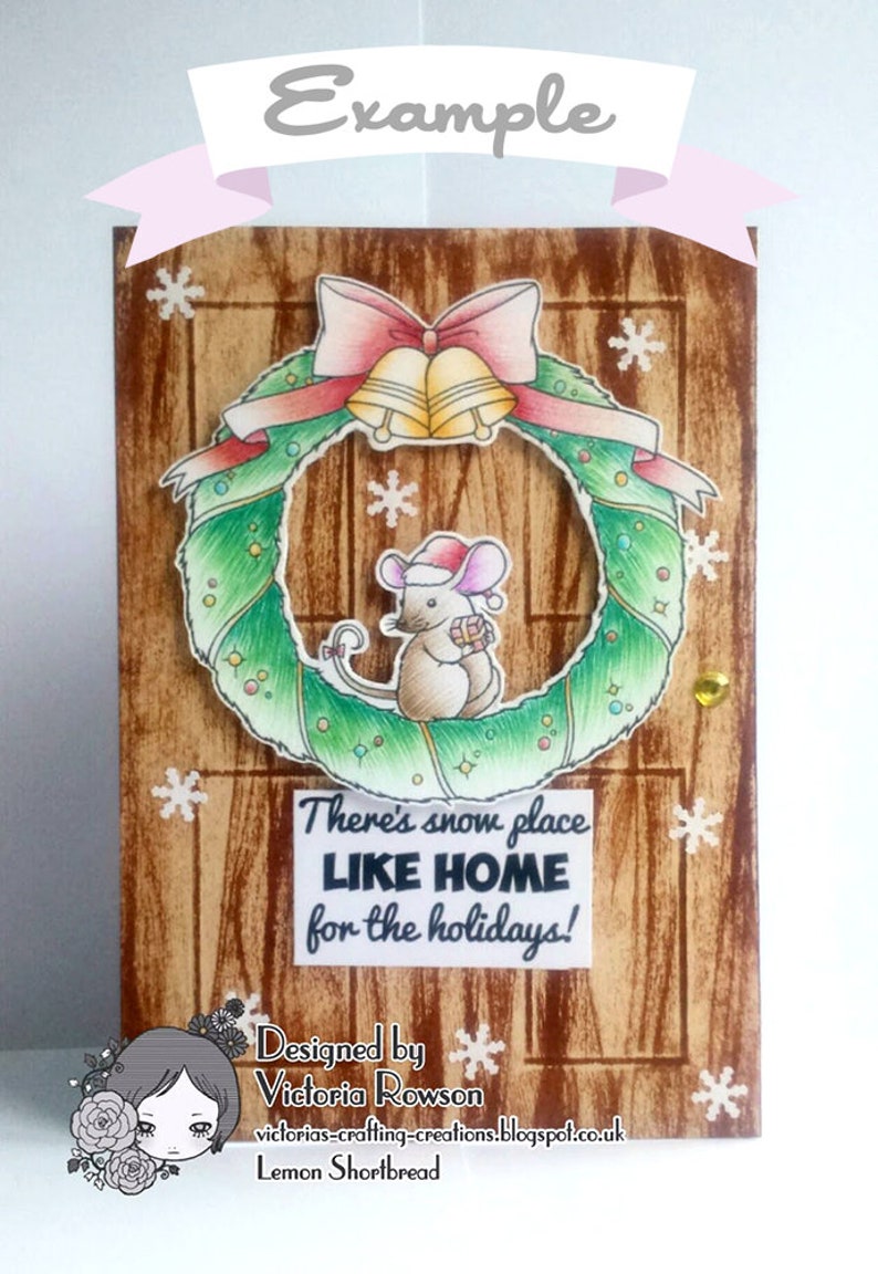 Digital Stamp Christmas Wreath Mouse, Digi Coloring Page, Holly Holiday Craft, Merry Xmas, Clip Art Crafting Download image 6