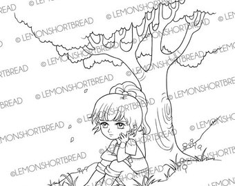 Digital Stamp Girl Sitting Under Tree, Digi Nature Country, Thinking of You Summer Art, Garden, Coloring page