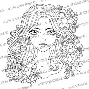 Digital Stamp Flowers Curls Girl, Digi Adult Coloring Page, Lady Face, Summer Florals, Fantasy Line Art