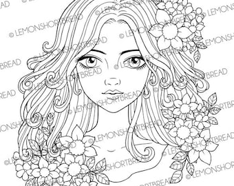 Digital Stamp Flowers Curls Girl, Digi Adult Coloring Page, Lady Face, Summer Florals, Fantasy Line Art