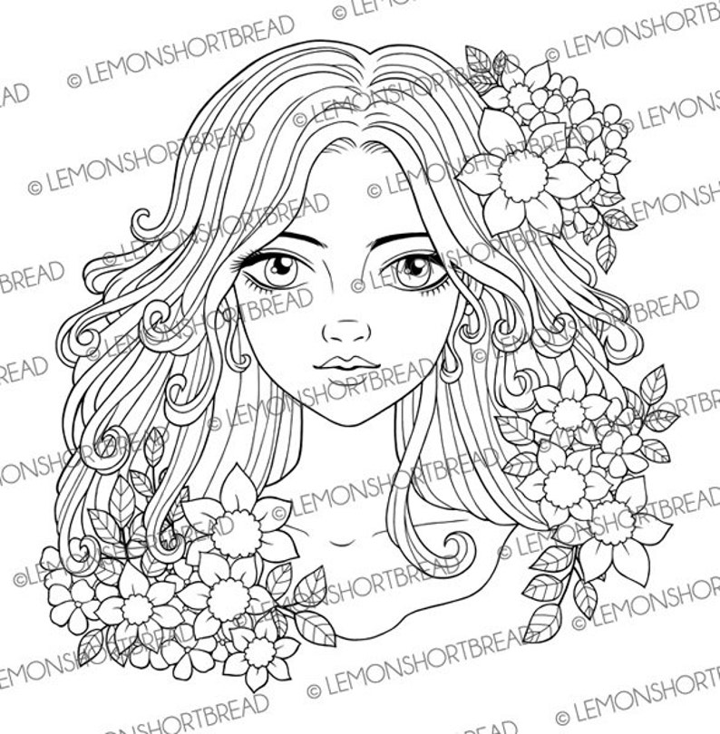 Digital Stamp Flowers Curls Girl, Digi Adult Coloring Page, Lady Face, Summer Florals, Fantasy Line Art image 1