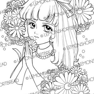 May include: A black and white line drawing of a girl with long hair wearing a bow and a necklace. She is holding a flower in her hand and is surrounded by flowers.