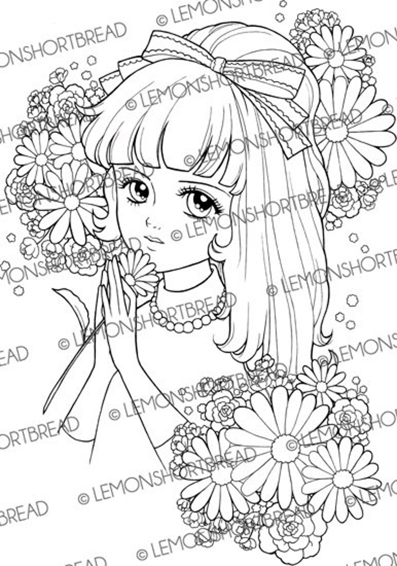 May include: A black and white line drawing of a girl with long hair wearing a bow and a necklace. She is holding a flower in her hand and is surrounded by flowers.