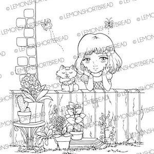 Selo digital Menina de jardim com gato, página para colorir para impressão Digi, flores florais de verão, download