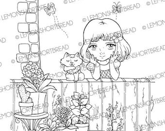 Digital Stamp Garden Girl with Cat, Digi Printable Coloring Page, Summer Floral Flowers, Download