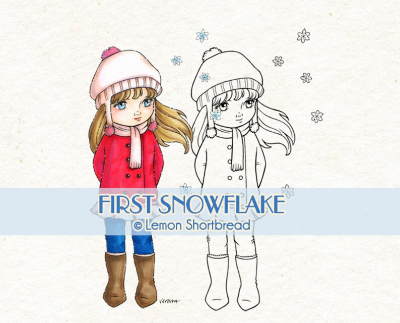 May include: A digital stamp image of a girl wearing a red coat, white hat, and blue jeans. She is standing with her hands behind her back and looking to the side. The image is in color and has a line drawing version of the girl next to it. The text "FIRST SNOWFLAKE" and "Lemon Shortbread" is at the bottom of the image.