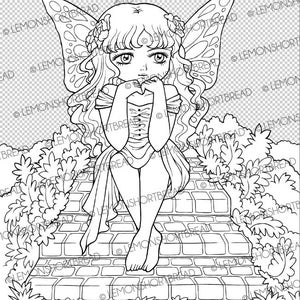 Digital Stamp Fairy Ponder, Digi Fantasy Printable Coloring Page, Garden Spring Summer, Anime Art image 2