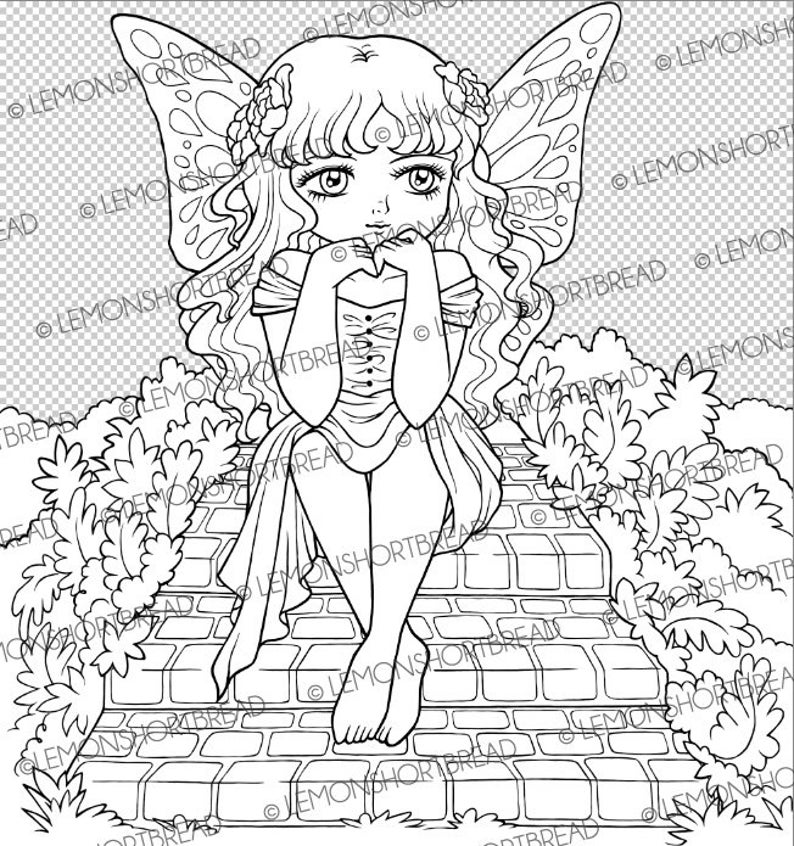 Digital Stamp Fairy Ponder, Digi Fantasy Printable Coloring Page, Garden Spring Summer, Anime Art image 2