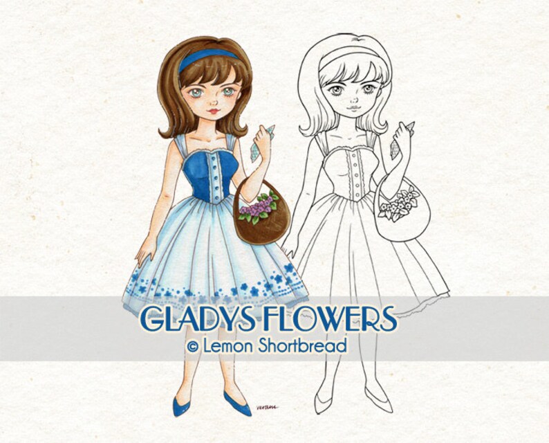 Peut inclure: Un dessin au trait d'une fille en robe bleue tenant un panier de fleurs, et une version color&eacute;e de la m&ecirc;me image. Le texte "GLADYS FLOWERS &copy; Lemon Shortbread" est sous les images.