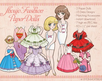 Printable Paper Dolls Fashion Digital Download, Children's Crafts Toys, DIY, Retro Anime Japanese Shoujo Stye