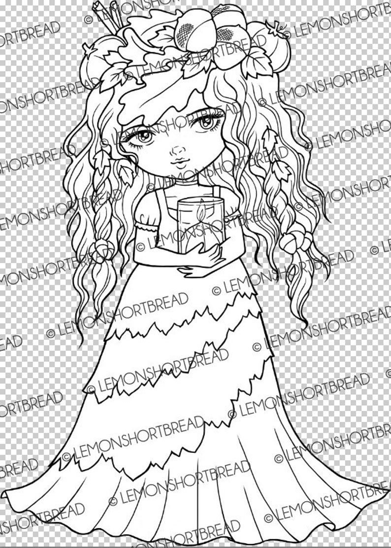 Digital Stamp Autumn Spice, Digi Fairy Girl, Pumpkin Fall Leaves, Printable Coloring Page, Fantasy Anime Art image 4