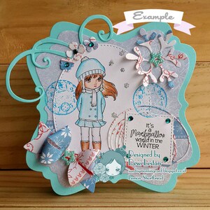 May include: A blue and white winter-themed card with a girl wearing a blue coat and white boots. The card features a snowflake, a butterfly, and the text "It's a Marshmallow world in the WINTER".