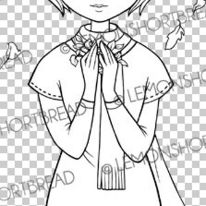 Peut inclure: Un dessin au trait noir et blanc d'une fille aux cheveux courts portant une robe et une &eacute;charpe. Elle tient ses mains jointes devant elle. Il y a des feuilles qui tombent en arri&egrave;re-plan.