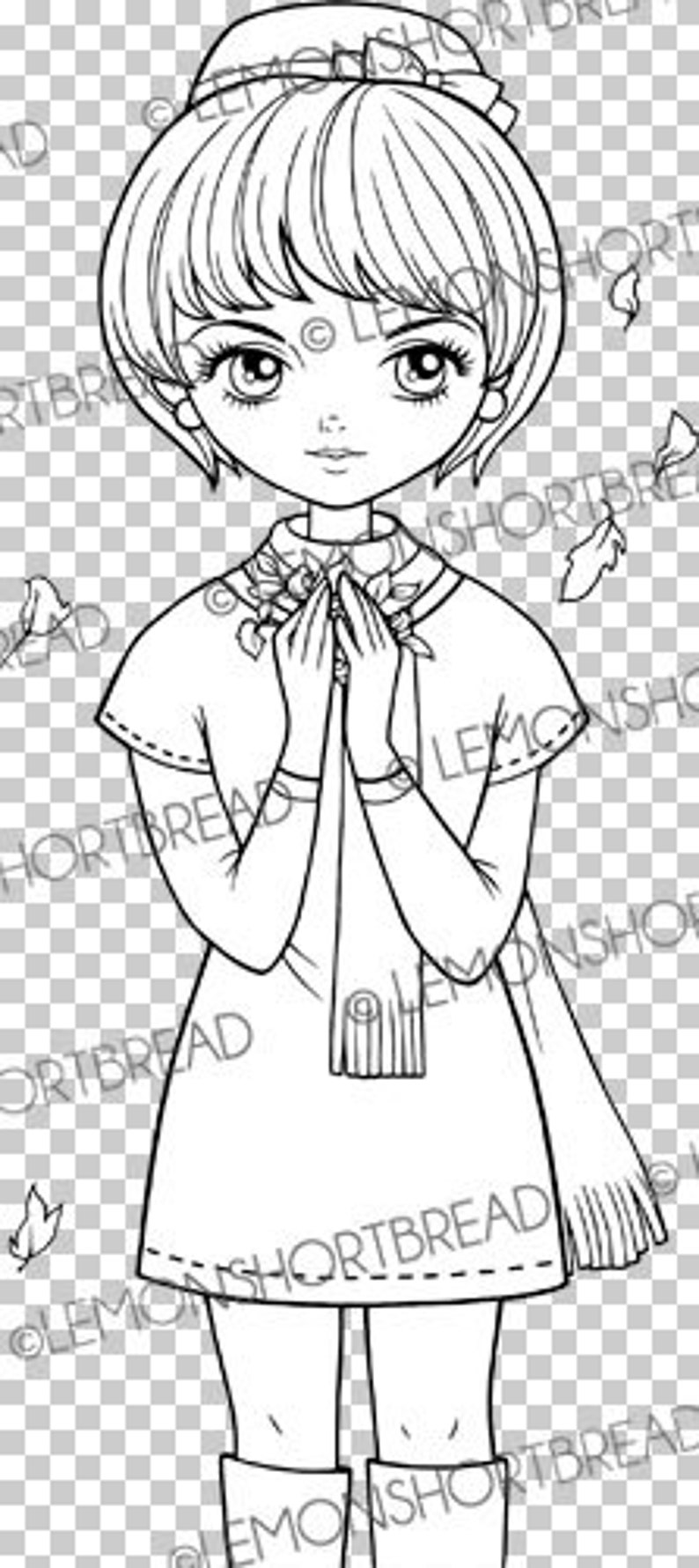 Peut inclure: Un dessin au trait noir et blanc d'une fille aux cheveux courts portant une robe et une &eacute;charpe. Elle tient ses mains jointes devant elle. Il y a des feuilles qui tombent en arri&egrave;re-plan.