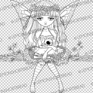 May include: A black and white line drawing of a fairy with wings, a skull, and flowers. She is sitting on a branch with her legs crossed.