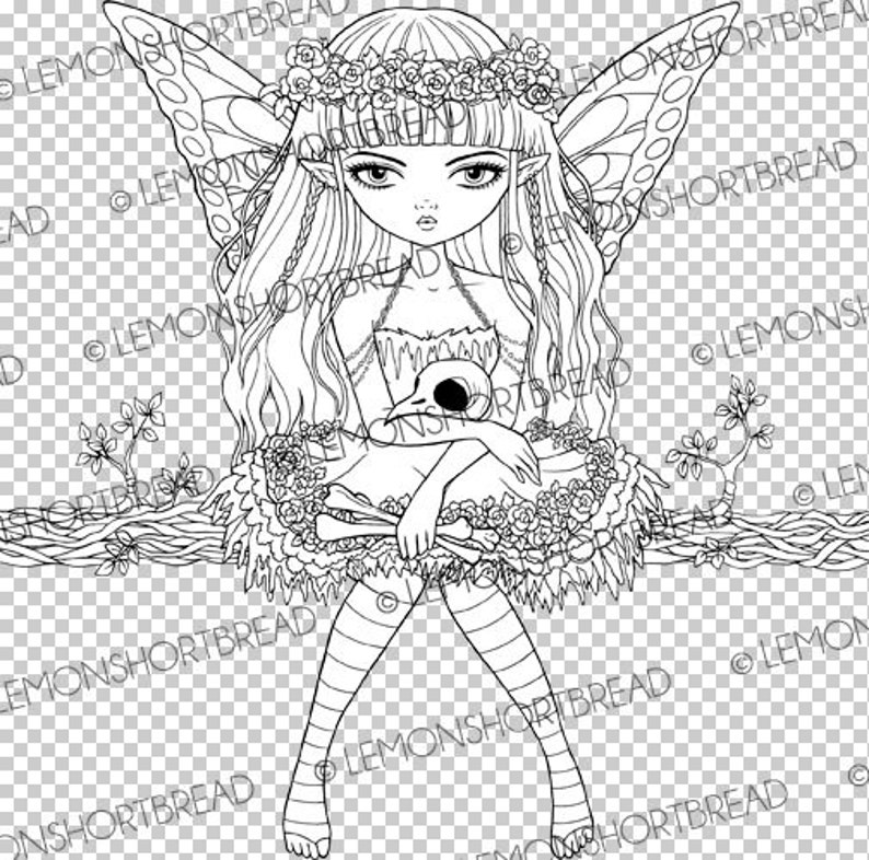 Digital Stamp Goth Fairy Skull, Digi Printable Coloring Page, Fantasy Butterfly, Halloween Big Eyed Art, Download image 2
