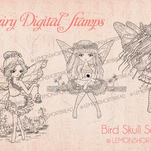 Digital Stamps Bird Skull Goth Fairy Set, Digi Adult Coloring Pages, Fantasy Anime Art, Halloween Dark, Printable Download image 1