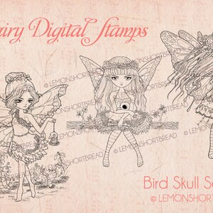 Digital Stamps Bird Skull Goth Fairy Set, Digi Adult Coloring Pages, Fantasy Anime Art, Halloween Dark, Printable Download