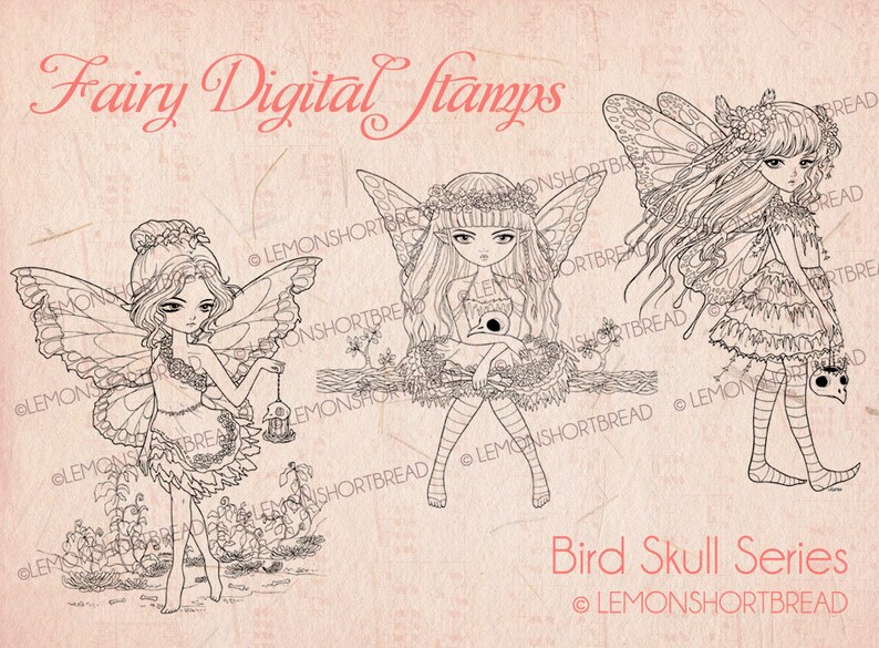 May include: Three black and white digital stamps featuring fairies with wings and bird skull imagery. The fairies are wearing dresses and have flowers in their hair. The text "Bird Skull Series" and "LEMONSHORTBREAD" are at the bottom of the image.