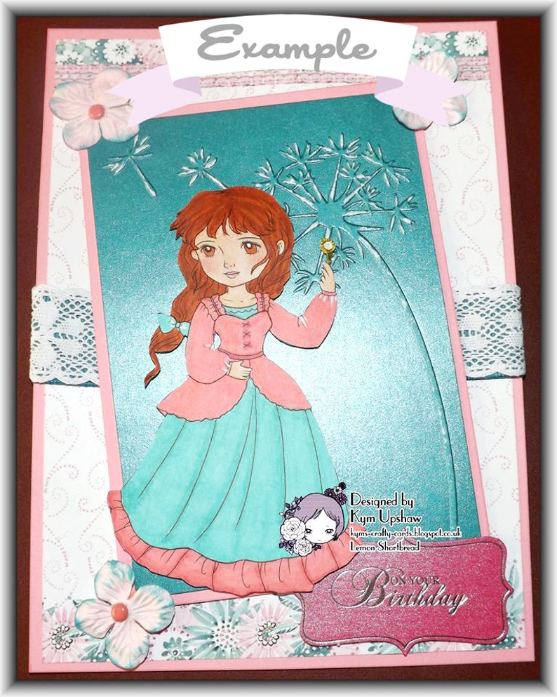 May include: A pink and teal birthday card with a girl holding a dandelion and a pink banner that says "On Your Birthday".