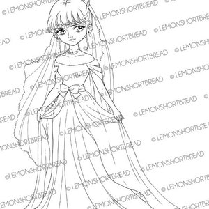 Vestido de noiva elegante com carimbo digital, página para colorir Digi, noiva de casamento, moda noturna de princesa, download
