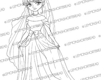 Digital Stamp Elegant Bride Gown, Digi Coloring Page, Wedding Bridal, Princess Evening Fashion, Download