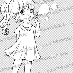 Digital Stamp Blowing Bubbles Girl, Digi Download, Children Clip Art, Spring Summer, Thinking of You, Coloring Page, Scrapbooking image 3