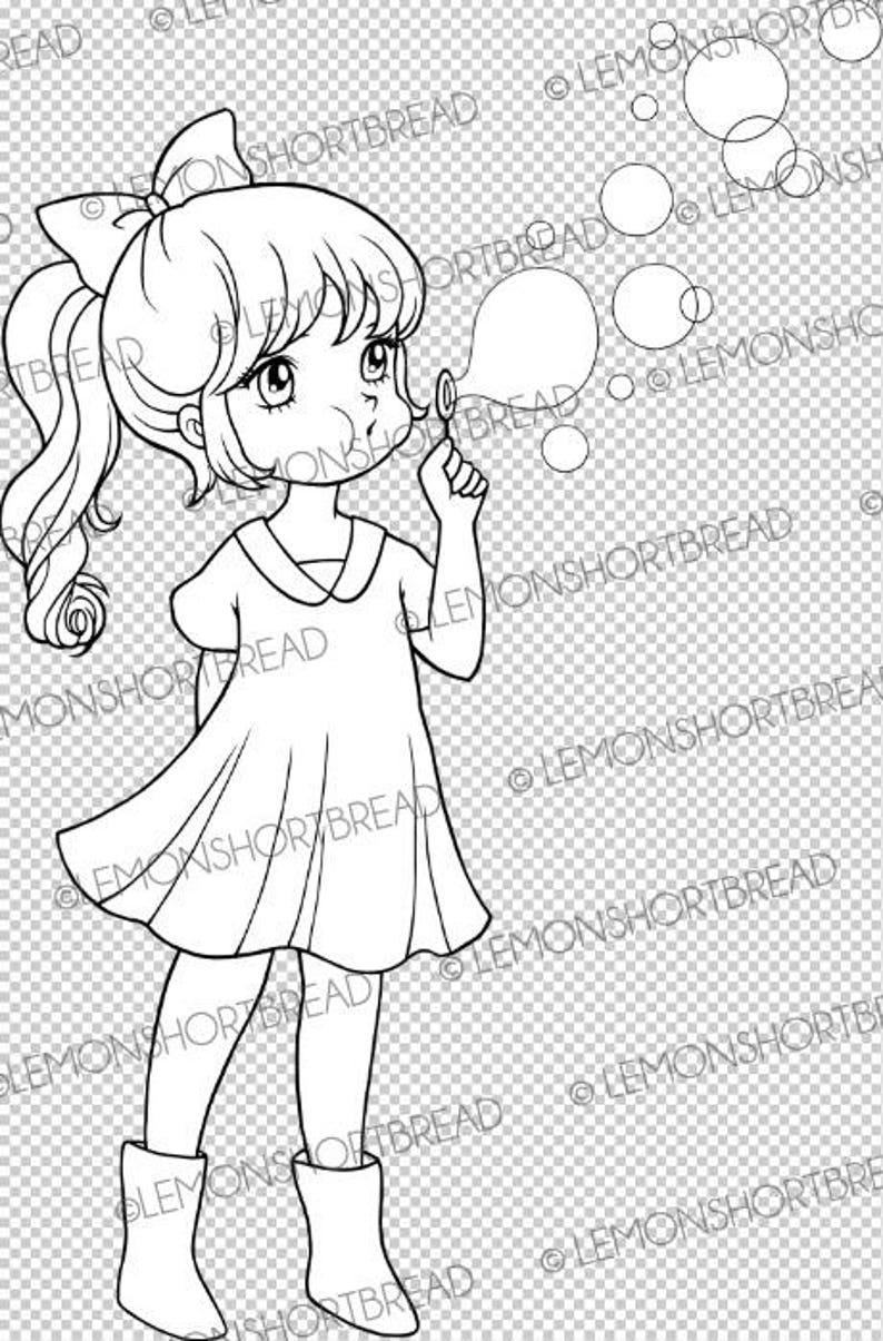 Digital Stamp Blowing Bubbles Girl, Digi Download, Children Clip Art, Spring Summer, Thinking of You, Coloring Page, Scrapbooking image 3