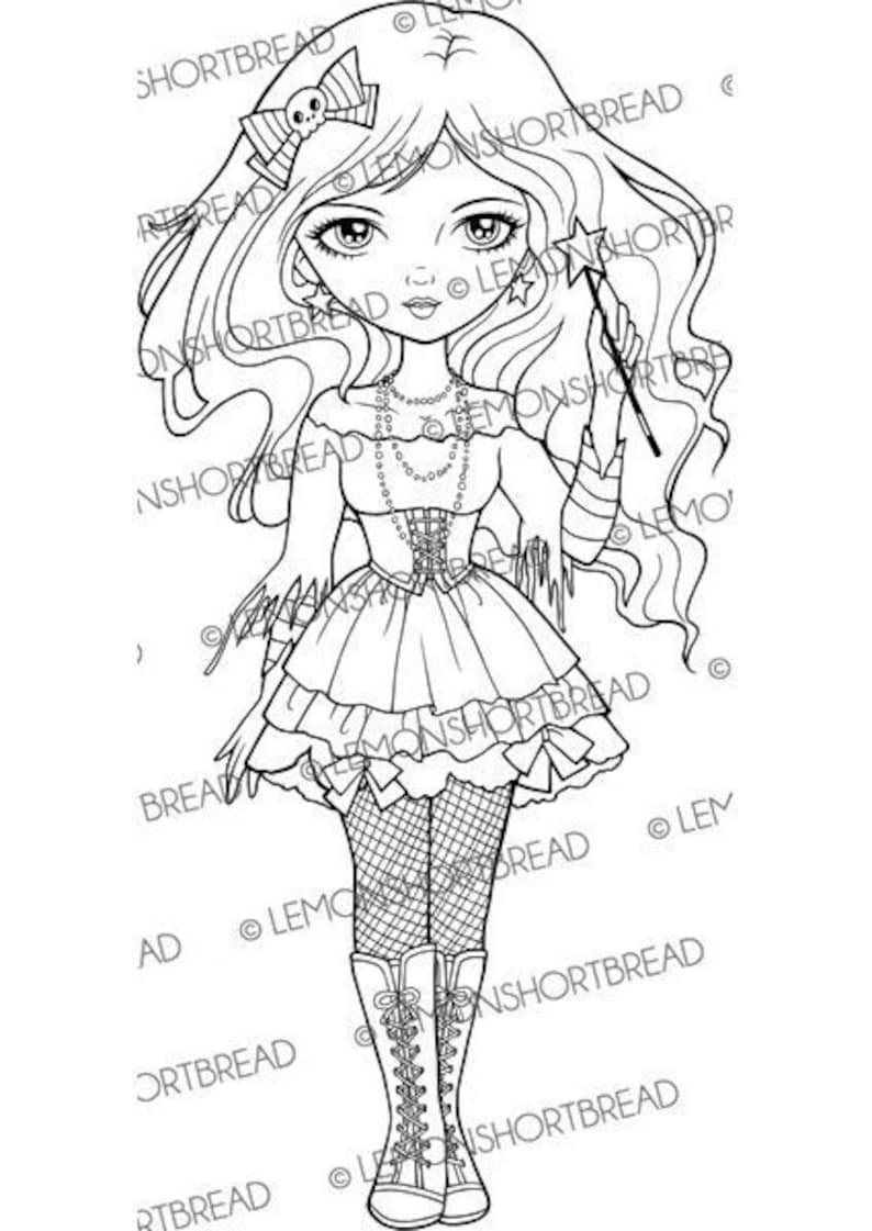 May include: A black and white line art illustration of a girl with long hair wearing a dress, boots, and holding a wand. She has a skull on her headband and stars in her hair.
