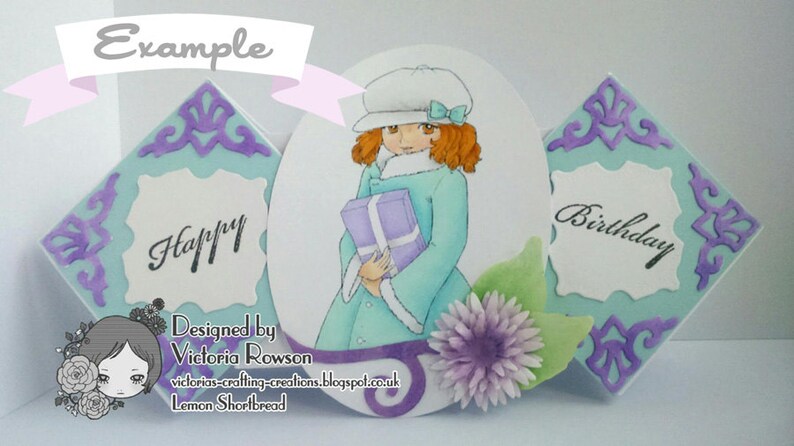 May include: A handmade card with a blue and purple design. The card features a girl holding a gift and the words "Happy Birthday".